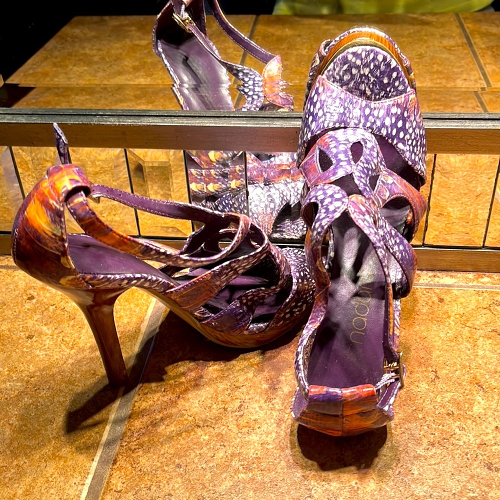 Chic Purple and Brown Sandals with Intricate Cutouts